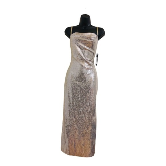 Bebe silver sequin cowl neck adjustable strap‎ slip style gown dress size large - Picture 1 of 15